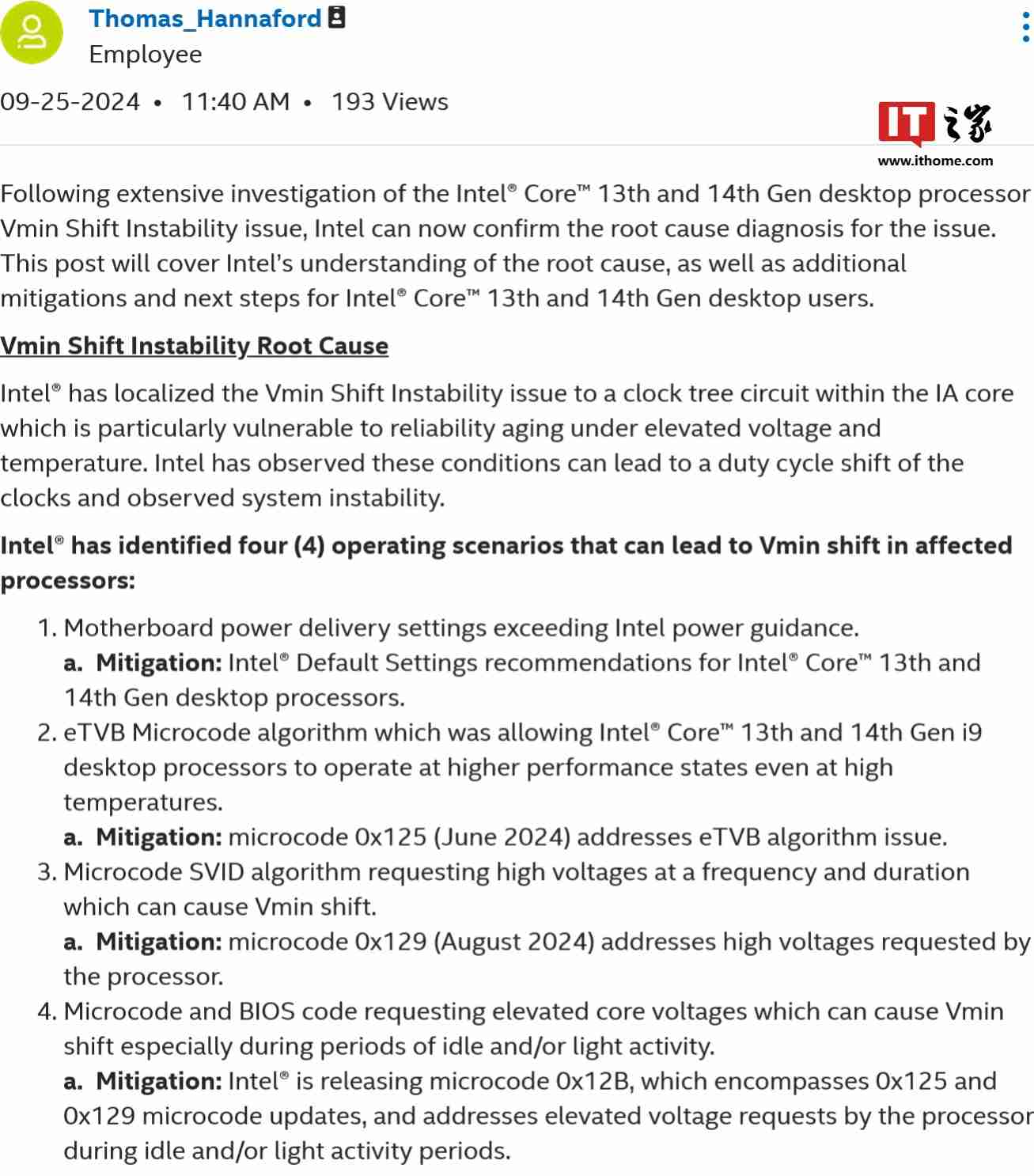 英特尔确认第 13、14 代酷睿桌面处理器不稳定根本原因，将推新版修复微代码（英特尔.不稳定.根本原因）
